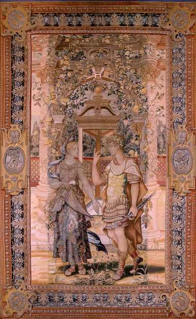 Tapiz flamenco. Serie Vertumnus y Pomona. Vertumnus transformado en guerrero. Cuarto tapiz de la serie. Círculo Modelo de Pieter Coecke van Aelst. Fabricación Wilhelm Pannemaker, Bruselas. Ca1545-1550. Tela Oro, plata, seda y lana. Talla 425 de Pieter (circle of) Coecke van Aelst