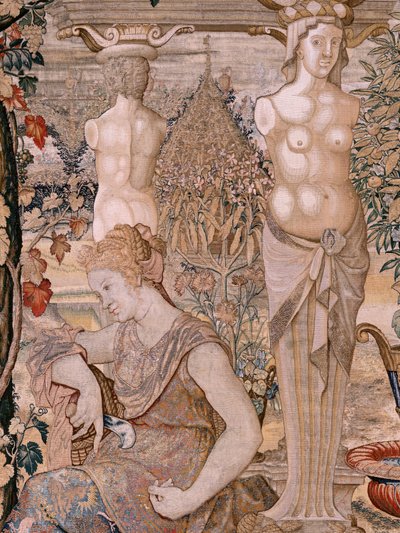 Tapiz flamenco. Serie Vertumnus y Pomona. Vertumnus transformado en una anciana. Vertumnus transformado en una anciana. Sexto tapiz de la serie. Círculo Modelo de Pieter Coecke van Aelst. Fabricación Wilhelm Pannemaker, Bruselas. Ca 1545-1550. de Pieter (circle of) Coecke van Aelst