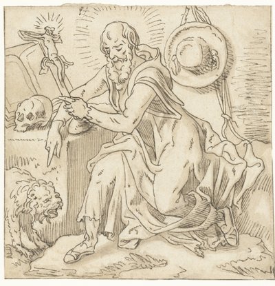 San Jerónimo sentado junto a un crucifijo, un libro y una calavera de Pieter Aertsen (workshop of)