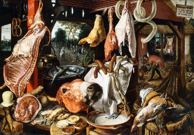 Un puesto de carnicero con la Sagrada Familia en la huida a Egipto, 1551 de Pieter Aertsen