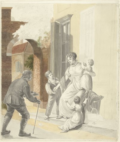 Un mendigo recibe una limosna de una señora de Pieter Bartholomeusz. Barbiers