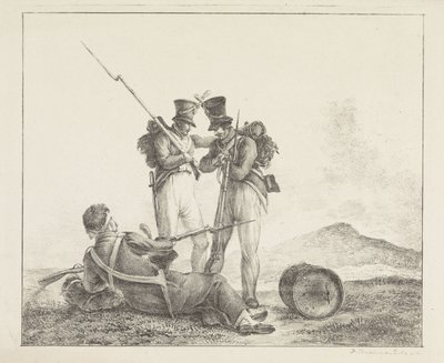 Tres soldados en el campo de batalla. de Pieter Bartholomeusz. Barbiers