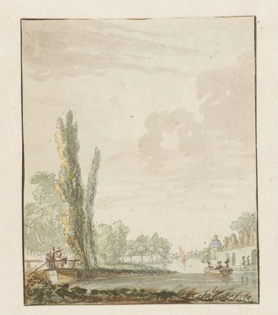 Vista a lo largo de un río con una casa de té a la derecha de Pieter Bartholomeusz. Barbiers