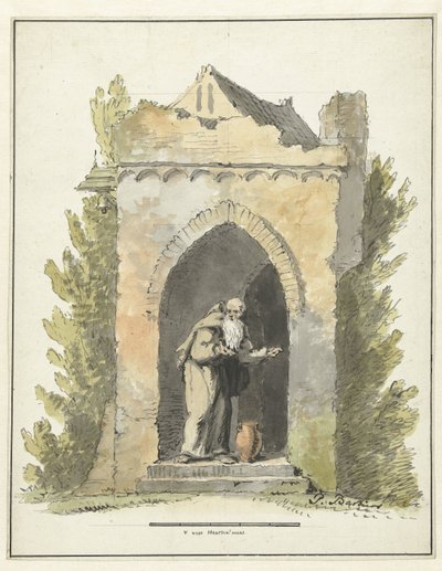 Ermitaño frente a una capilla de piedra de Pieter Bartholomeusz. Barbiers