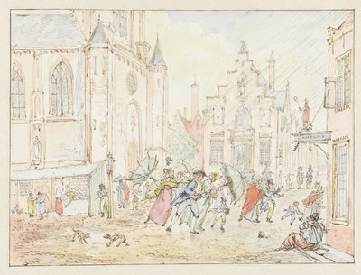 Plaza con gente bajo la lluvia de Pieter Bartholomeusz. Barbiers