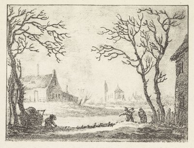 Paisaje invernal con casas y figuras de Pieter Bartholomeusz. Barbiers