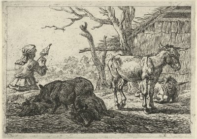 Mujer hilando, cerdos y burros Diferentes animales (título de la serie) de Pieter Bodding van Laer