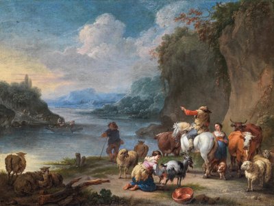 Arrieros y su rebaño descansando junto a un río de Pieter Bout