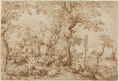 Campesinos y Ganado cerca de una Granja de Pieter Bruegel the Elder
