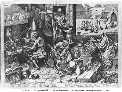 El alquimista trabajando, grabado por Hieronymus Cock (c.1510-70) de Pieter Bruegel the Elder