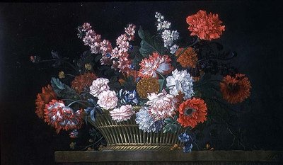 Naturaleza muerta de claveles, alhelíes, peonías, convolvulus y otras flores en una cesta sobre un borde de piedra de Pieter Casteels