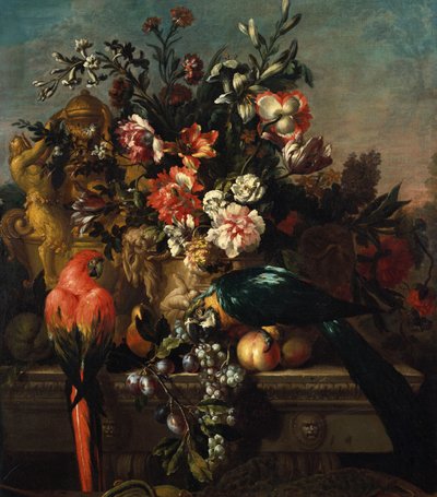 Claveles y otras flores con loros en un pedestal de Pieter Casteels