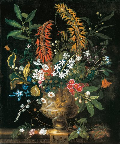 Enero, de Los Doce Meses de Flores, un calendario floral de naturalezas muertas de Pieter Casteels
