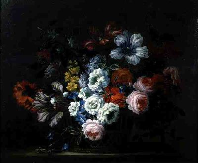 Naturaleza muerta de rosas, peonías, tulipanes y gloria de la mañana en una canasta de Pieter Casteels