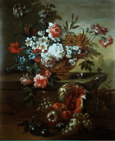 Bodegón de flores en una urna con frutas de Pieter Casteels