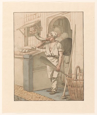 Baker hace sonar una bocina delante de su tienda de Pieter Christoffel Wonder