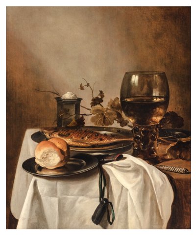 Un rollo, un arenque, un salero de plata, un romero grande y un cuchillo sobre una mesa drapeada, c.1644 (óleo sobre tabla) de Pieter Claesz