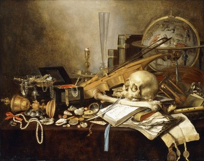 Una naturaleza muerta de vanitas de instrumentos musicales y manuscritos, una copa dorada volcada, un cofre de joyas, un candelabro, un globo astrológico, un collar de perlas, joyas, conchas, un cráneo y un fémur y un reloj de arena sobre una mesa con mant de Pieter Claesz