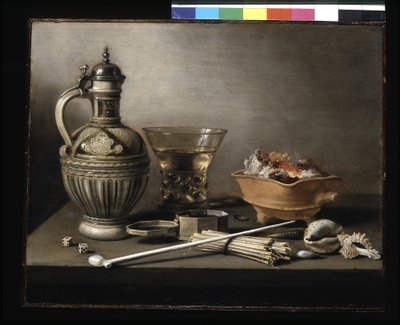 Bodegón con jarra de gres, Berkemeyer y utensilios para fumar (óleo sobre madera) de Pieter Claesz