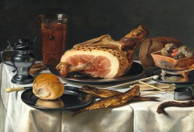 Naturaleza muerta con jamón, 1625 de Pieter Claesz
