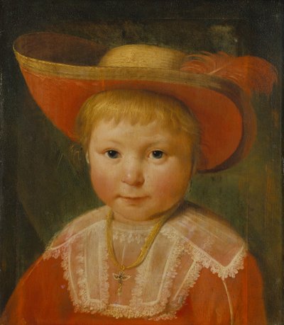 Retrato de niño con sombrero de paja forrado de rojo, c.1635-40 (óleo sobre madera de roble) de Pieter Claesz Soutman