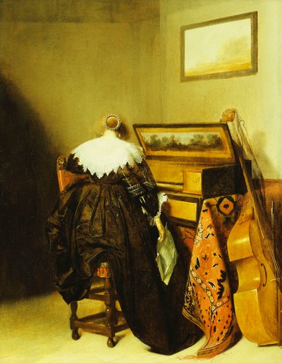 Una dama sentada vista desde atrás frente a un virginal de Pieter Codde