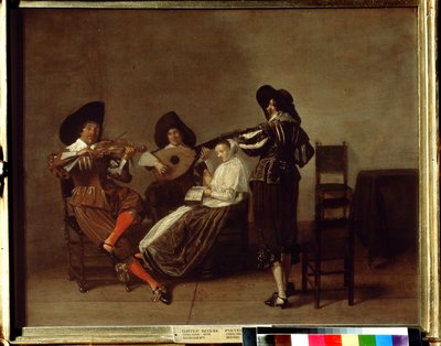""Soiree musicale"" (velada musical) Tres músicos y una mujer joven (voz). Pintura de Pieter Codde (1599-1678) Museo Pushkin del siglo XVII, Moscú de Pieter Codde