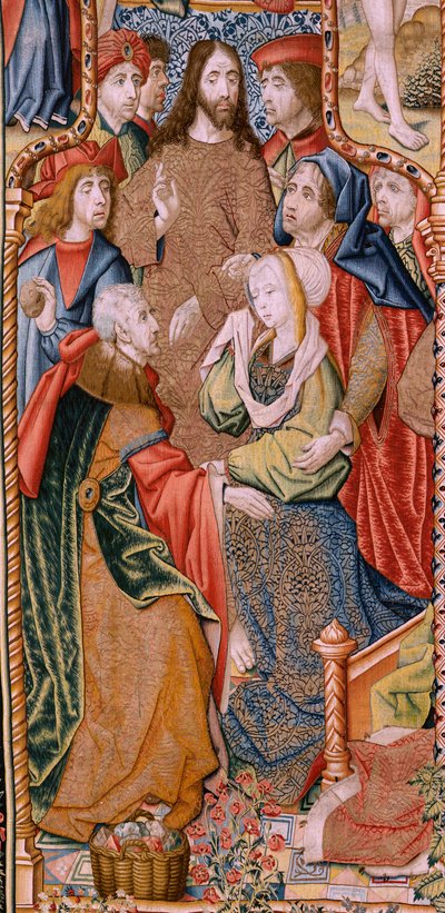 Tapiz flamenco. Serie Episodios de La vida de la Virgen. Las profecías se cumplen en el nacimiento de Cristo (Cumplimiento de las profecías en el nacimiento del Hijo de Dios). Primer tapiz de la serie. Modelos atribuidos a Jan von Roome (o van B de Pieter Coecke van Aelst