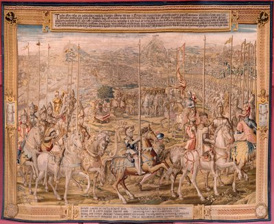 Tapiz flamenco. Serie La Conquista de Túnez; Reseña de las Tropas en Barcelona (La revista de las tropas en Barcelona). Segundo tapiz de la serie. Modelo Jan Vermeyen y Pieter Coecke van Aelst. 1543-1548. Fabricación Real Fábrica de Tapices de Sant de Pieter Coecke van Aelst
