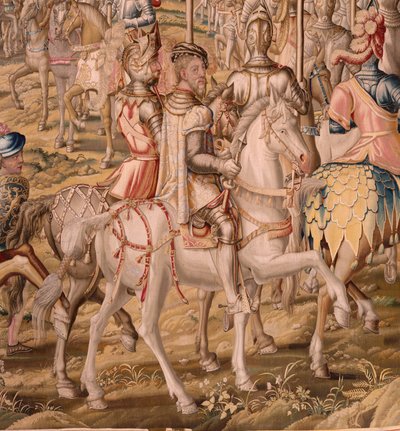 Tapiz flamenco. Serie La Conquista de Túnez; Reseña de las Tropas en Barcelona (La revista de las tropas en Barcelona). Segundo tapiz de la serie. Modelo Jan Vermeyen y Pieter Coecke van Aelst. 1543-1548. Fabricación Real Fábrica de Tapices de Sant de Pieter Coecke van Aelst