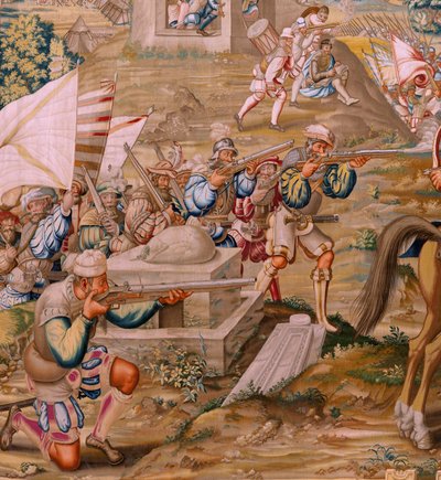 Tapiz flamenco. Serie La Conquista de Túnez. El Ataque a la Goleta (Ataque a la Goleta). Cuarto tapiz de la serie. Modelo Jan Vermeyen y Pieter Coecke van Aelst. 1543-1548. Fabricación Real Fábrica de Tapices de Santa Bárbara, Madrid de Pieter Coecke van Aelst