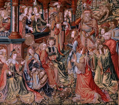 Tapiz flamenco. Serie Los Honores. Virtud (La Virtu, El Vicio). Octavo tapiz de la serie. Dibujantes modelo del círculo de Bernard van Orley y Jan Gossaert (Mabuse). Fabricación Pieter van Aelst, Bruselas. Ca 1550. Tela Oro, plata, seda un de Pieter Coecke van Aelst