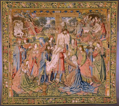 Tapiz flamenco. Serie La pasión de Cristo: Descendimiento de la cruz (Kruisafneming, Descendimiento de la cruz). Fabricación Pieter van Aelst. El dibujante Jan van Roome. Ca 1507-1520. de Pieter Coecke van Aelst