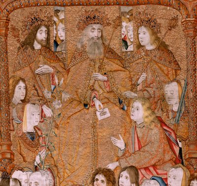 Flemish tapestry. Series Triumphs of the Mother or Paños de Oro. God send the Arcangel Gabriel (Dios envía al Arcángel Gabriel). First tapestry in the series. Model Colin de Cooter(?). Manufacture Pieter van Aelst (or van Edingen), Brussels. Ca 1500-1502. de Pieter Coecke van Aelst