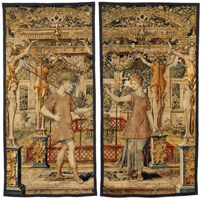 Vertumno y Pomona: Vertumno transformado en campesino, c.1550 (oro, lana y seda) de Pieter Coecke van Aelst