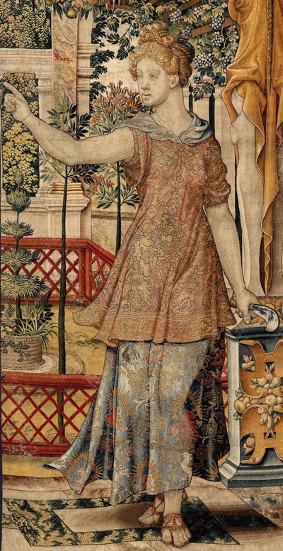Vertumno y Pomona: Vertumno transformado en campesino, c.1550 (oro, lana y seda) de Pieter Coecke van Aelst