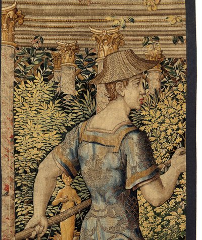 Vertumno y Pomona: Vertumno transformado en pescador, c.1550 (oro, lana y seda) de Pieter Coecke van Aelst