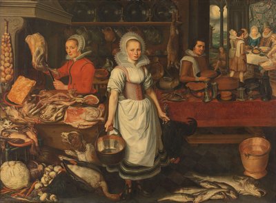 Escena de la cocina con la parábola del rico y el pobre Lázaro de Pieter Cornelisz. van Rijck (attributed to)
