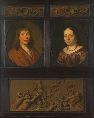 Retratos de un hombre y una mujer enmarcados con dos miniaturas de frisos ornamentales con motivo de conchas y un Triunfo de Anfitrite de Pieter Cornelisz. van Slingelandt
