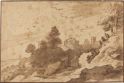 Paisaje con puente y ruinas en el fondo de Pieter Dircksz Santvoort