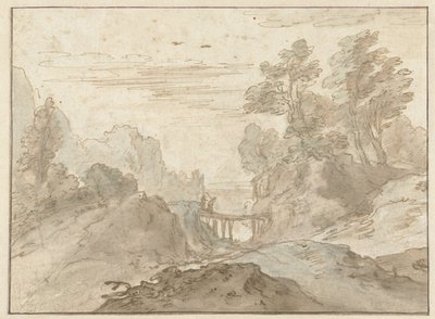 Paisaje de montaña con dos figuras en un puente estrecho de Pieter Dircksz van Santvoort (possibly)