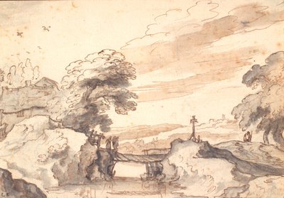 Paisaje con un viejo puente sobre un arroyo de Pieter Dircksz van Santvoort