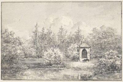 Vista en el parque de Leiduin, con la cabaña entre los árboles de Pieter Ernst Hendrik Praetorius