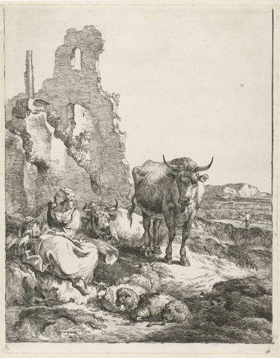 Paisaje con vaca y pastora de pie y tumbada frente a una ruina de Pieter Gerardus van Os