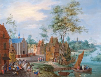 Un pueblo flamenco con vista al río (óleo sobre cobre) de Peeter Gijsels
