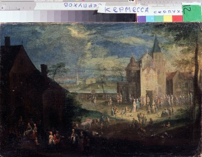 ""Kermesse en el lugar de un pueblo"" (Kermis) Paisaje de la ciudad de Flandes. Pintura de Peter Gysels (1621-1690) Serpukhov, Museo Estatal de Historia y Arte Rusia de Peeter Gijsels