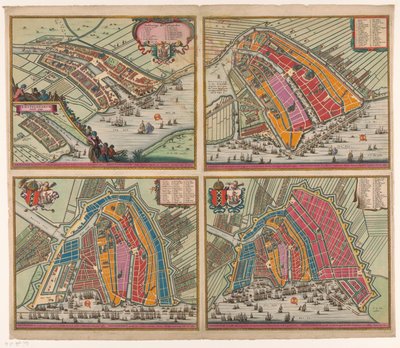 Cuatro mapas de Amsterdam de 1400 a 1612 Amsteldam soo it selve ha sido omhaynt (...) (título sobre el objeto) Ámsterdam ampliada por segunda vez fue ampliada por primera vez con Steene Mueren inden jaere 1482 (...) (título sobre el objeto) cuarto amstelda de Pieter Hendricksz. Schut (possibly)