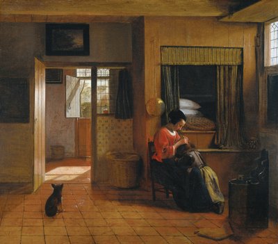 Interior con una madre despiojando el cabello de su hijo (detalle), 1659-1660 de Pieter Hooch de