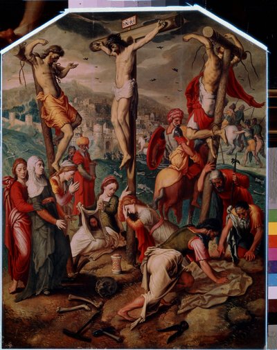 Calvario (Calvario). En el Gólgota, Jesucristo es crucificado con los otros dos condenados a muerte. Lleva el signo INRI (I.N.R.I.) en la cruz. A los pies, Santa María Magdalena llora la muerte de Jesús, su botella está volcada en el suelo. Santa Verónica de Pieter I Pietersz