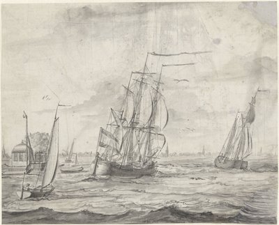 Aguas interiores con barcos, una ciudad en la distancia de Pieter Idserts
